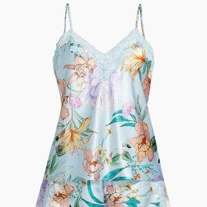 Floral Satin Lace-Trim Cami Set - Light Blue